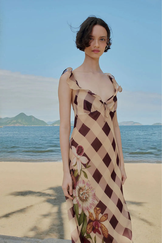 FARM Rio |Vestido Midi Xadrez Romântico
