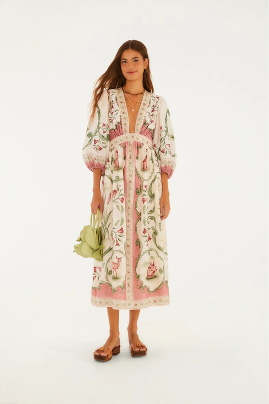 Vestido Longo Manga Curta Estampado Doce Encanto