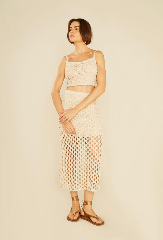 Saia Tricot Telado Midi Dourado