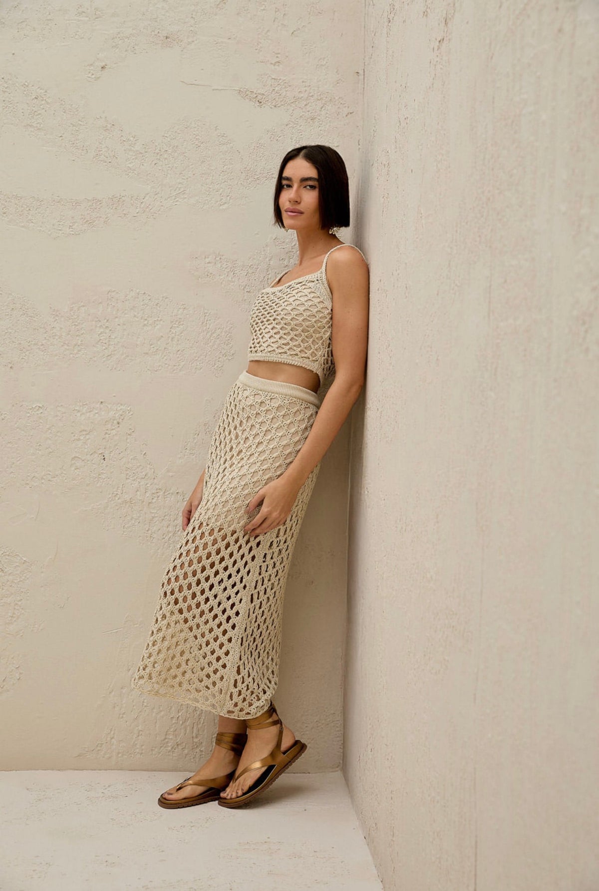 Saia Tricot Telado Midi Dourado