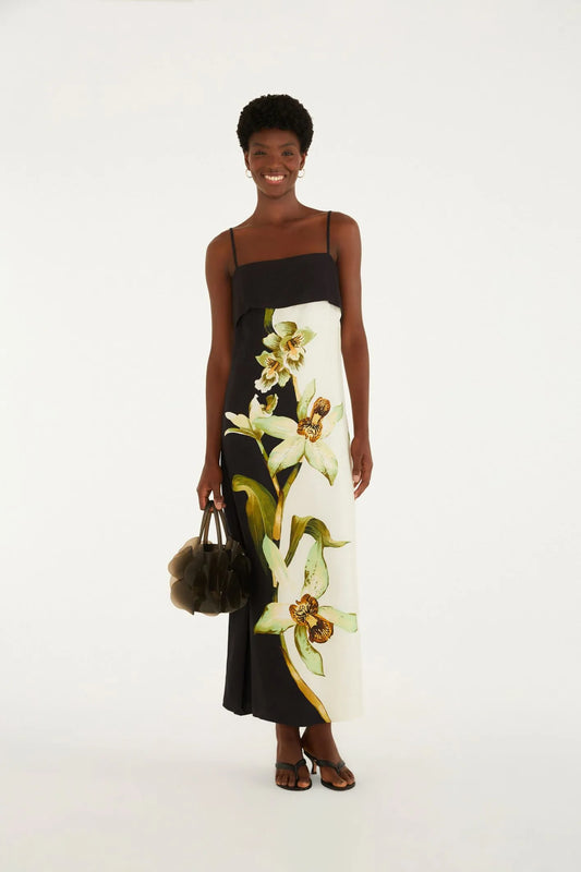Vestido Longo Pala Estampado Floral Orquídea