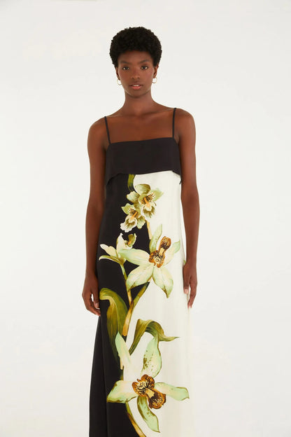 Vestido Longo Pala Estampado Floral Orquídea
