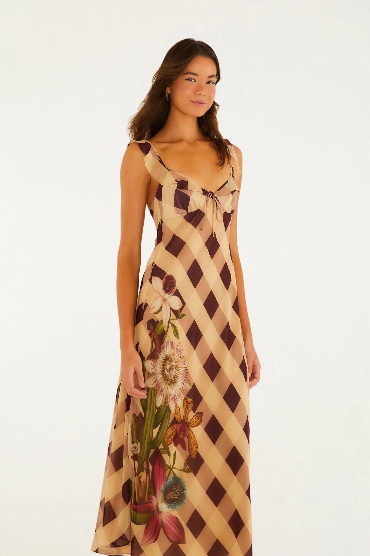 FARM Rio |Vestido Midi Xadrez Romântico