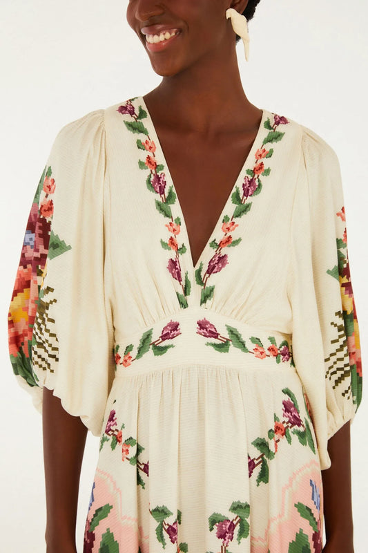 Vestido Longo Manga Estampado Tapete De Flor