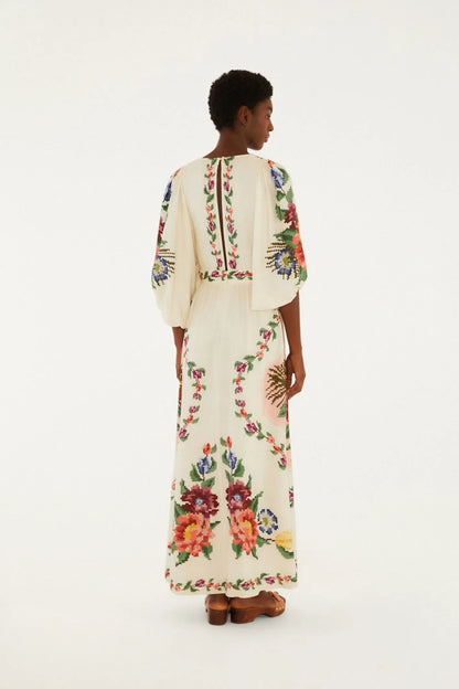 Vestido Longo Manga Estampado Tapete De Flor