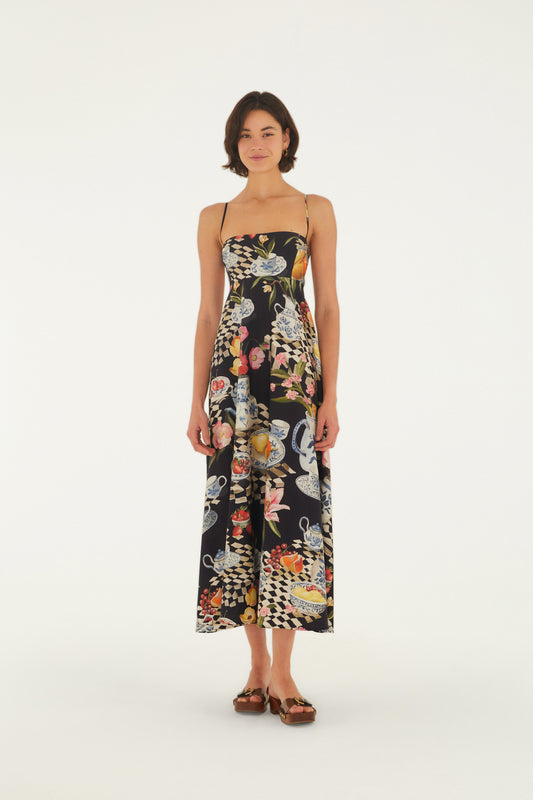 Vestido Alcinhas Estampado Mesa De Chá