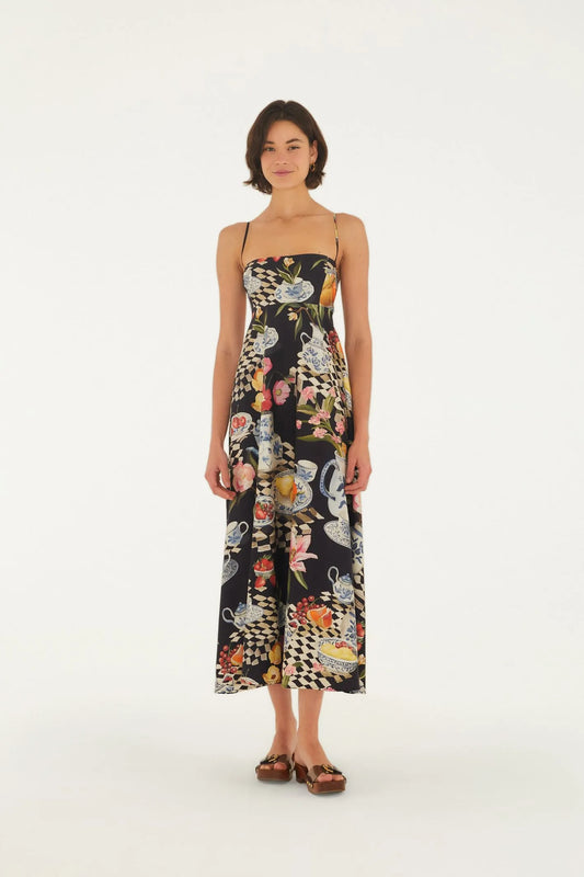 Vestido Alcinhas Estampado Mesa De Chá