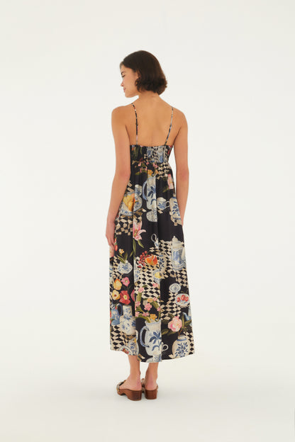 Vestido Alcinhas Estampado Mesa De Chá