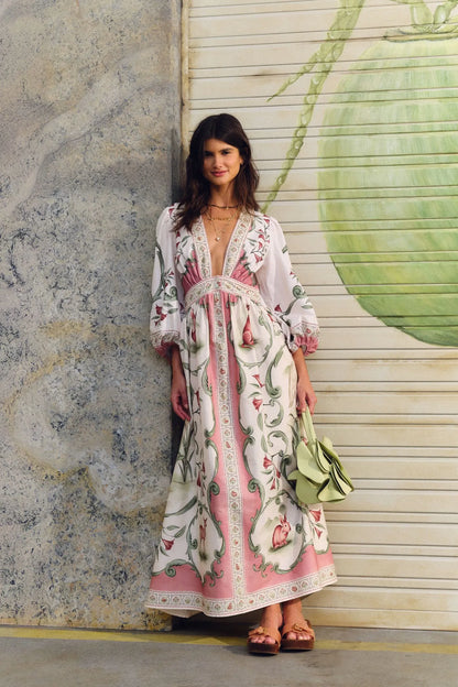Vestido Longo Manga Curta Estampado Doce Encanto
