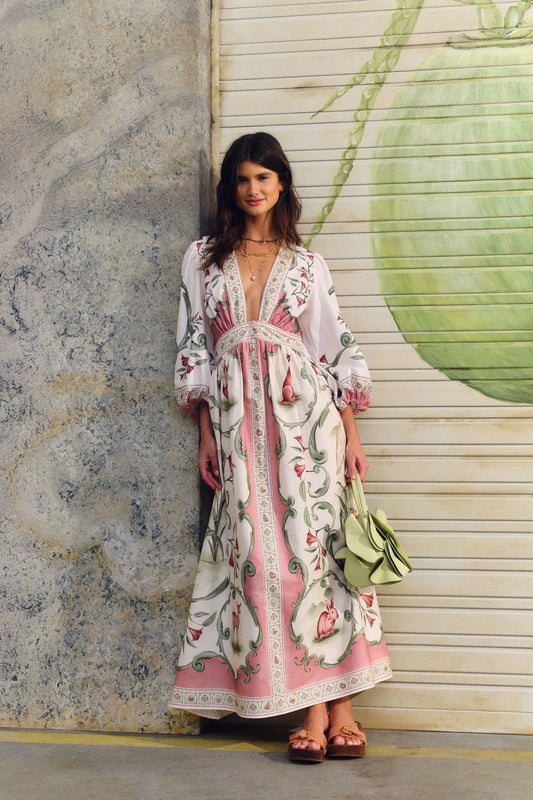 Vestido Longo Manga Curta Estampado Doce Encanto