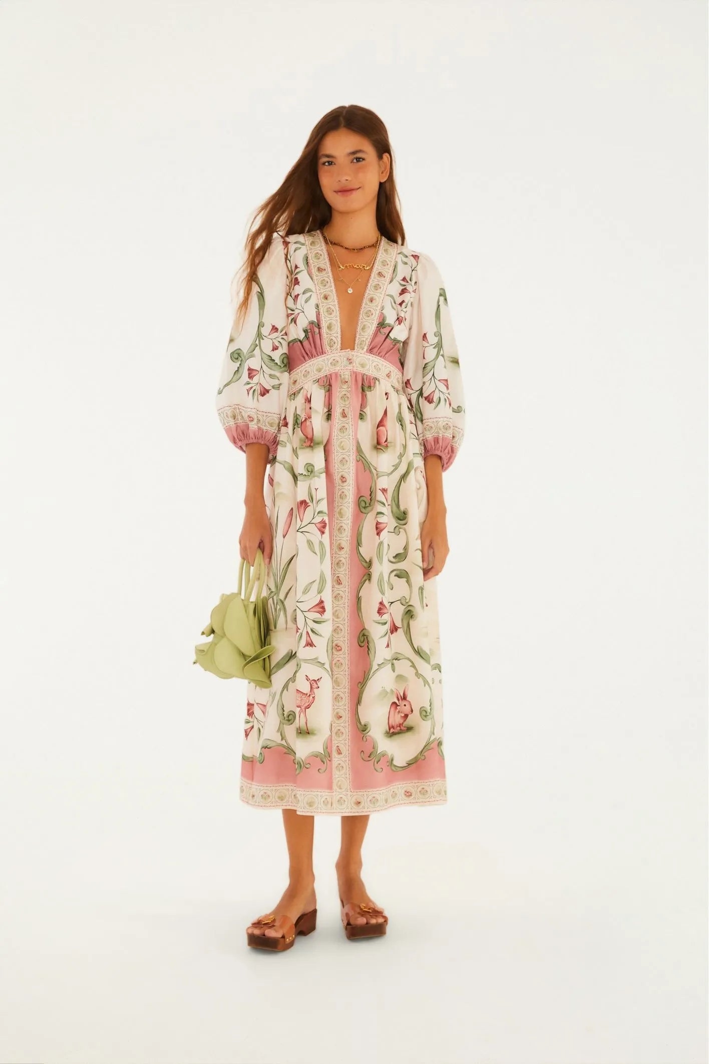 Vestido Longo Manga Curta Estampado Doce Encanto