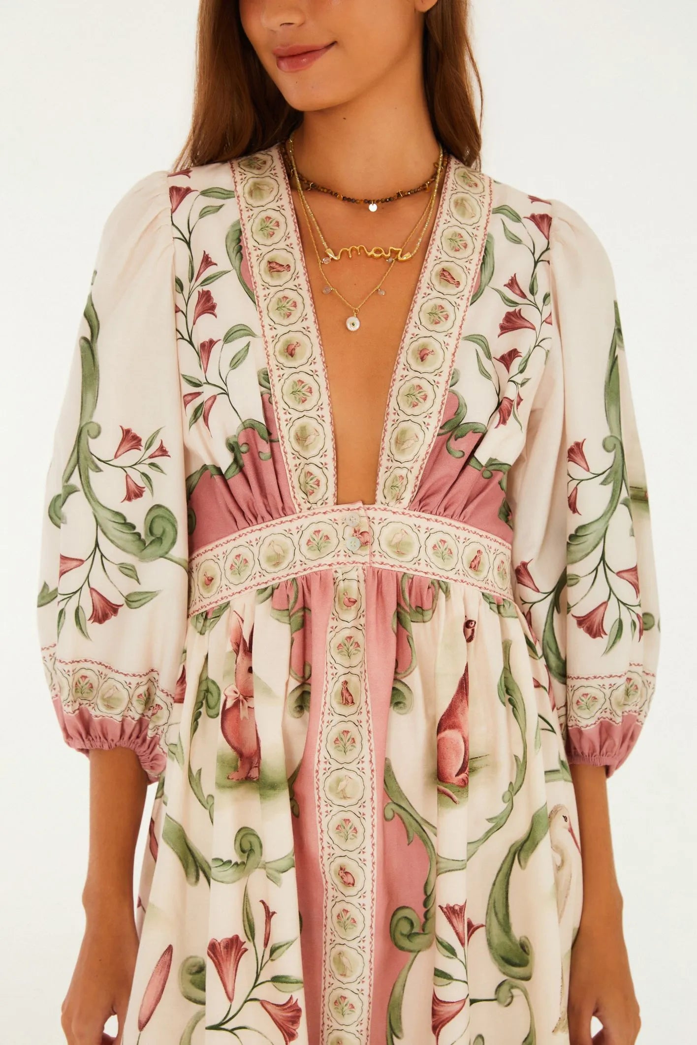 Vestido Longo Manga Curta Estampado Doce Encanto