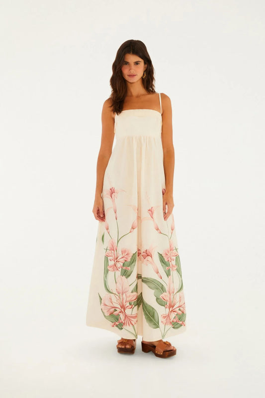 Vestido Longo Alças Estampado Brinco De Princesa