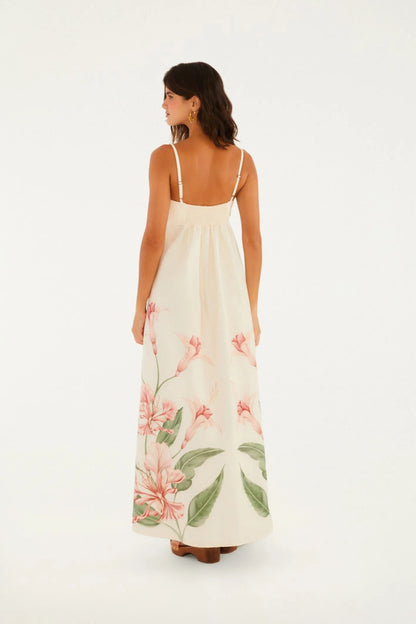 Vestido Longo Alças Estampado Brinco De Princesa