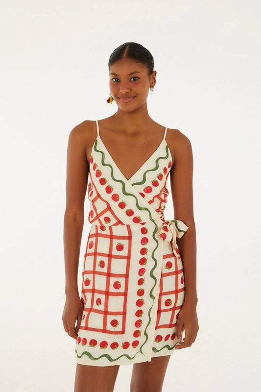 Vestido Curto Transpasse Estampado Lenço Tomatinho