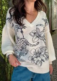 Casaco Pullover Feminino Tricot Bordado Delicadeza – Off White Farm