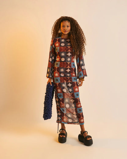 Vestido Manga Longa Tule Cobogó de Barro