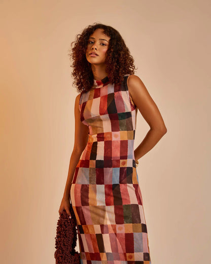Vestido Gola Alta Tule Mosaico